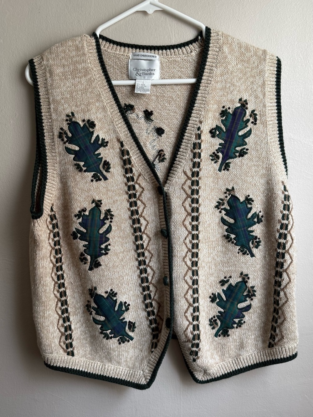 Christopher & Banks Embroidered Oak Leaf Sweater Vest Cottagecore Grandpa Chic L